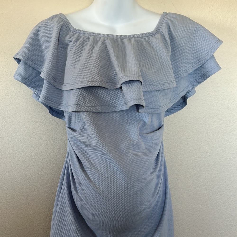Pinkblush Light Blue Ruffle Off Shoulder Ruched Maternity Mini Dress - Picture 5 of 12